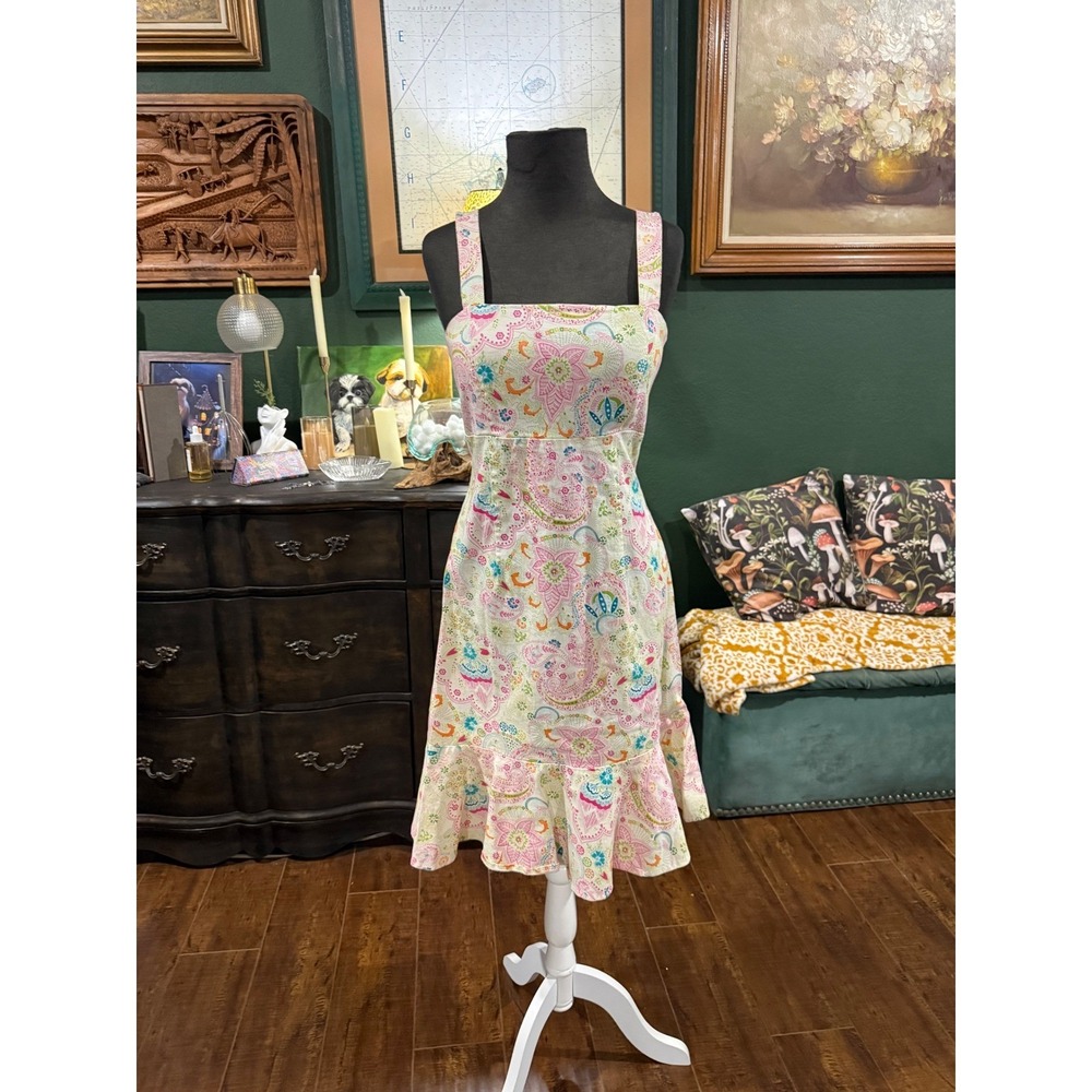 Karin Stevens cotton ‎ Paisley Floral Ruffle Hem Smocked Back Sundress Pink